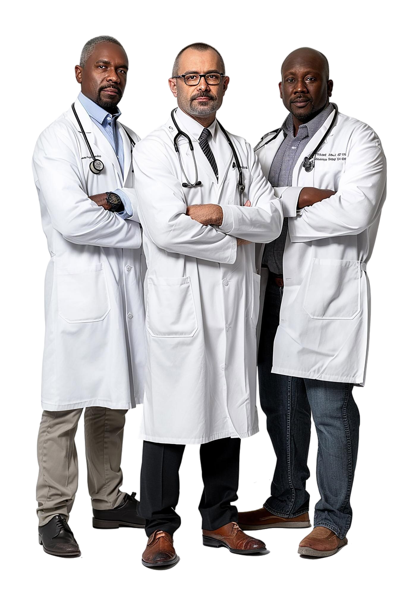 Three professional doctors in white coats
